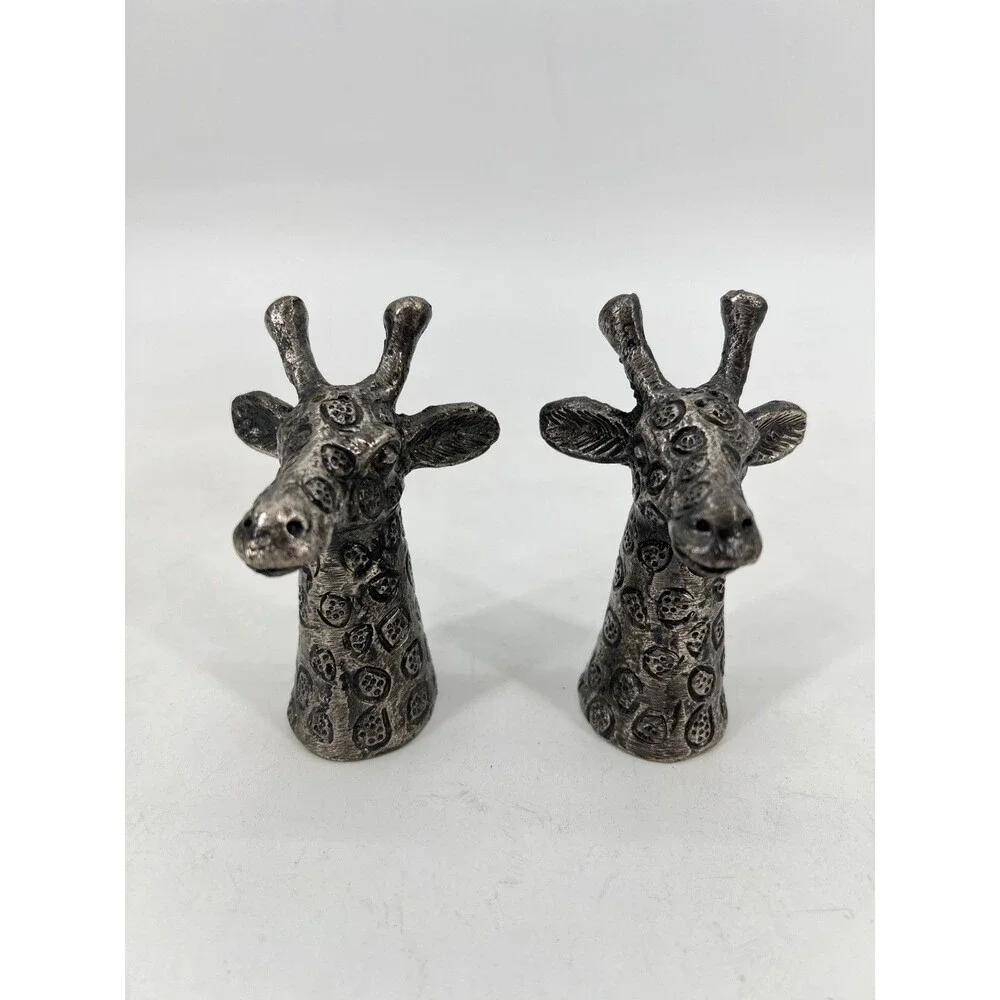 Vintage Giraffe  Salt and Pepper Shakers Pewter Silver Plated 4